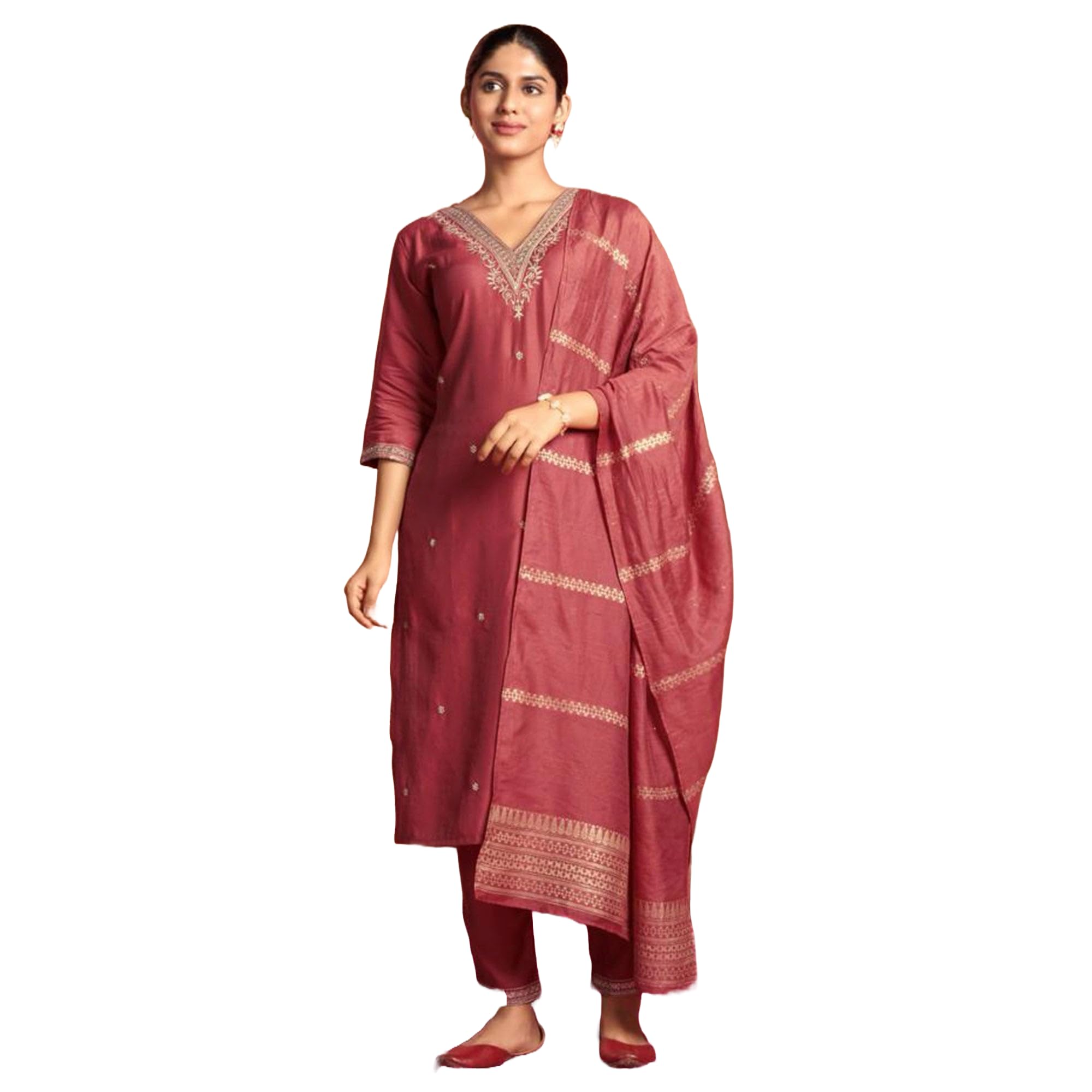Lookmark Women's Pure Cotton Straight Kurta Pant Dupatta Set With Elegant Embroidery - Perfect For Every Occasion (Az-Lm-Og-Ks2104-L) Peach
