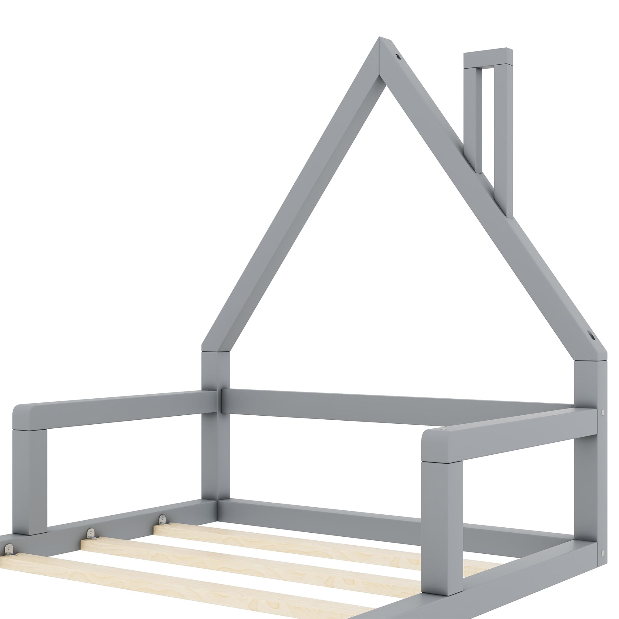 OKMYHOME Łóżko dziecięce 90x200 cm - Łóżko jednoosobowe z litego drewna sosnowego i MDF, klasyczny i solidny design, bez materaca, szare