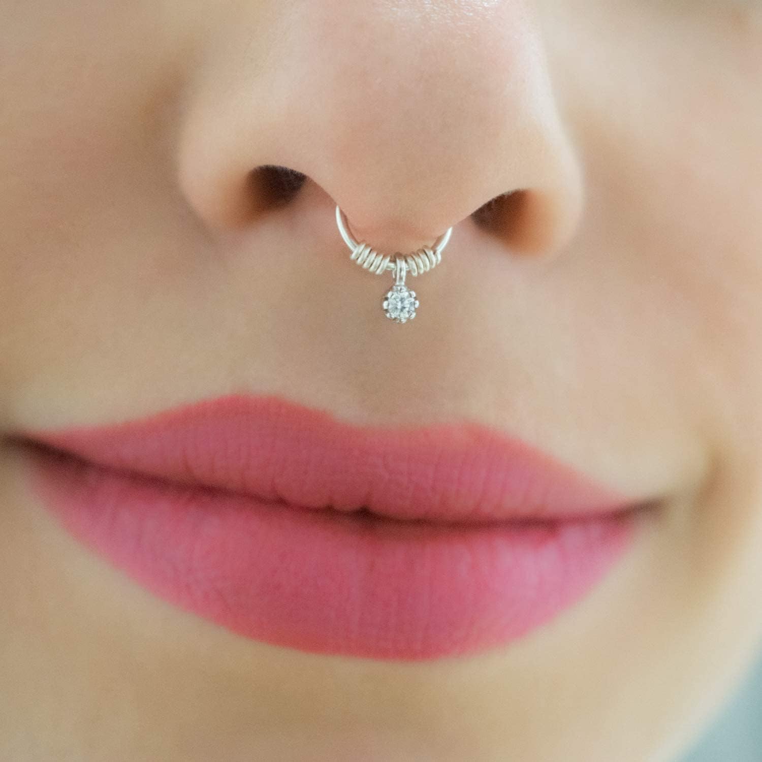 Septum Nose Ring Hoop Earring Piercing Wrapped Dangle Diamond Silver 18 Gauge