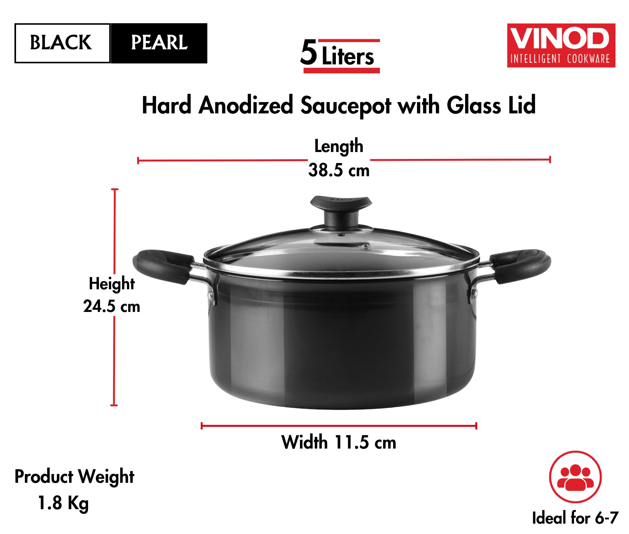 Vinod Black Pearl Hard Anodised Saucepot with Glass Lid 5 Litre, 24cm | 3.25mm Thick | Metal Spoon Friendly | Riveted Sturdy Handles | Toxin Free | 2 Year Warranty - Black - Image 7 thumbnail