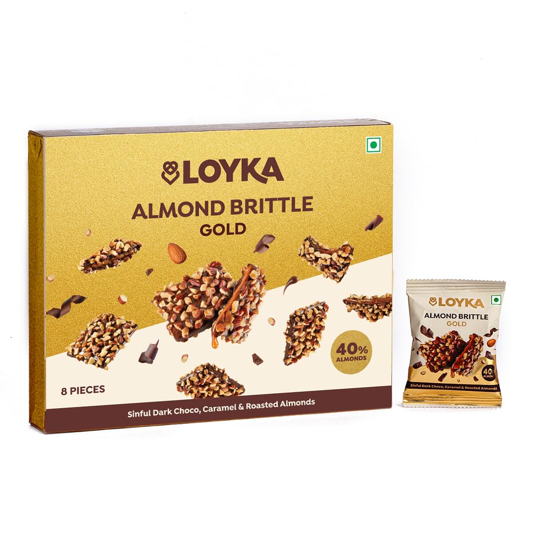 Loyka Almond Brittle Gold Choco Box - 8 pcs 116gm Premium Chocolate Gift Hamper Chocolate & Nut Dryfruit Delicacy Roasted California Almonds (40%), Dark Choco & Salted Caramel Any-time snack