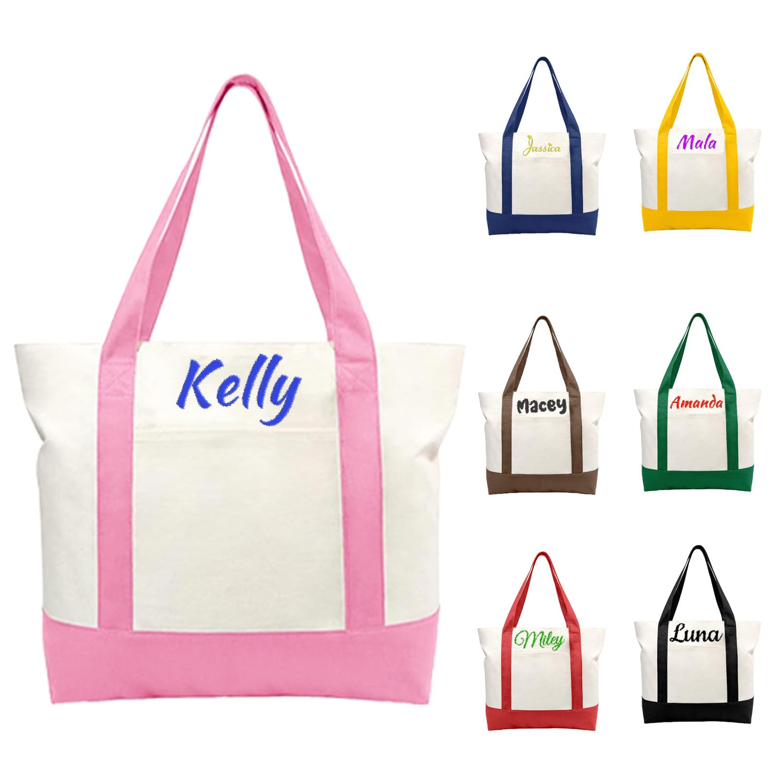 Zloris Personalized Canvas Tote Bag for Women Embroidered Name Custom Tote Bag with Zipper Reusable Grocery Bags
