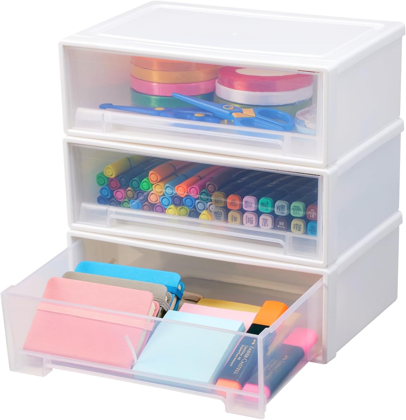 Small Plastic Storage Drawers, Hair Accessories Organizer Stackable Drawer Container Bins for Pens, Stationery, Pencils, Markers, Crayons, Art Craft Supplies, Makeup, Jewelry (White)