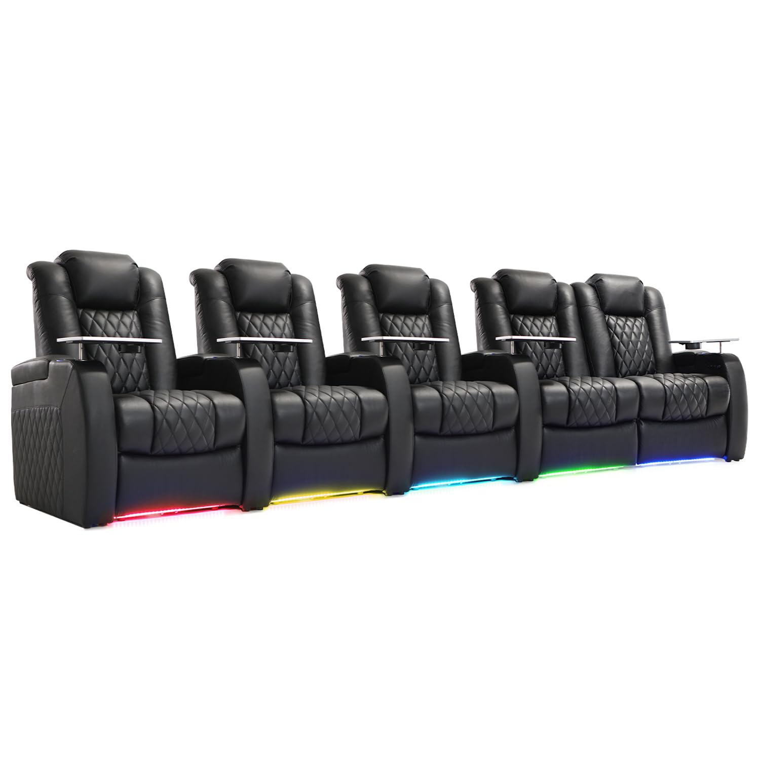 Weilianda Home Theater Seating Top Grain Leather Zero Gravity Recliner Chair Power Headrest Recline Movie Seat Gaming 7 Colors Mood Light Sofa with Tray Table USB Charge Row of 5 Loveseat Right Black