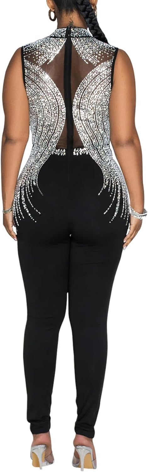 PORRCEY Sexy Jumpsuit for Women Sparkly Rhinestone Mesh See Through Hot Drilling Process Bodycon Party Club Night Romper