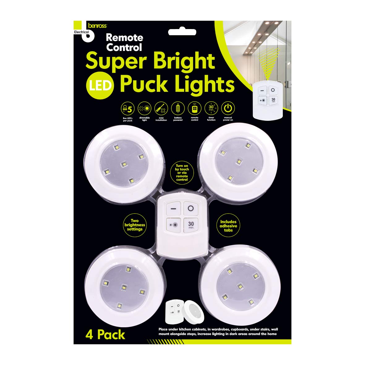 Benross 23810 4 Pack Puck Lights | Includes Remote Control and Timer | Super Bright | Easy to Install, White