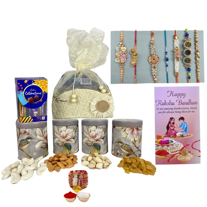 Image of NUTRI MIRACLE Rakhi Dry Fruit Basket with Chocolatess for Celebrating the Bond | Engagement Return Hamper with Assorted Nuts and Chocolates