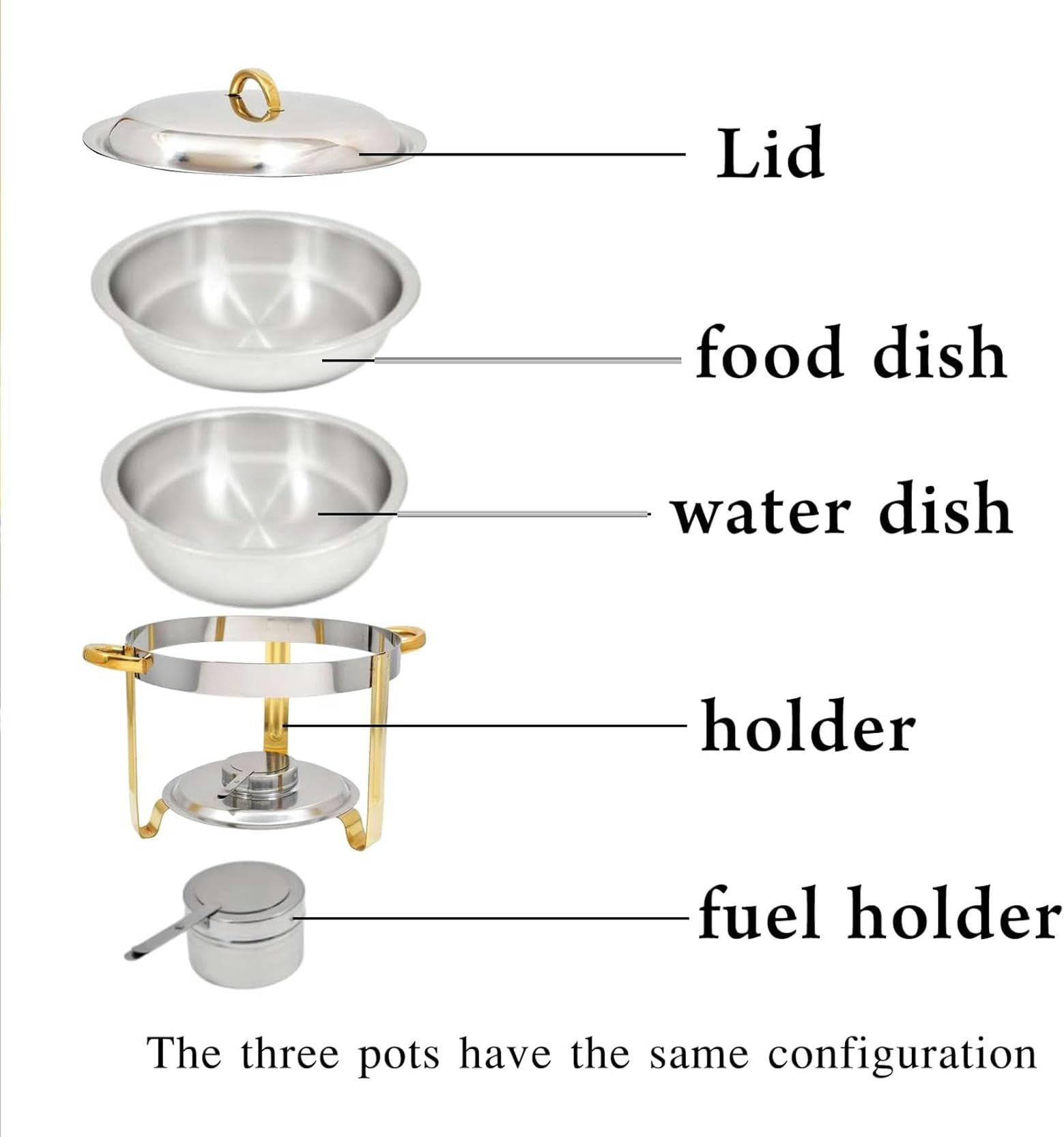 Chafing Dish Buffet Set The Heater with Round 4.5 Litre Water Container and a Covered Food Container is Durable and Easy to Clean for Food/Parties/Weddings/Banquets, Gold + Metal