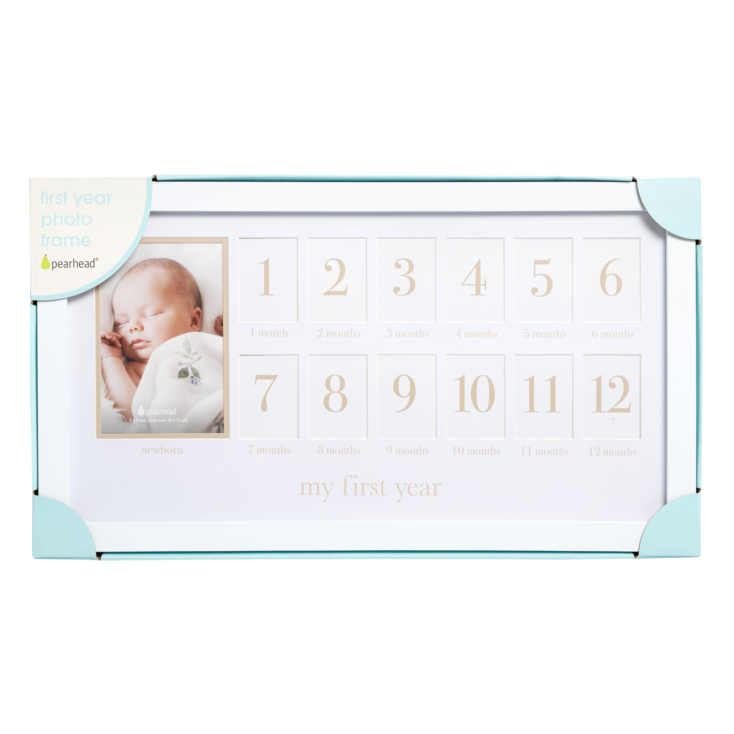 Pearhead Fotocollage für das erste Jahr und geschlechtsneutrales Andenken, ideal für Babyparty, Geschenk zur Geburt und als Kinderzimmer-Dekor, 13 Fotoeinsätze, beige matt