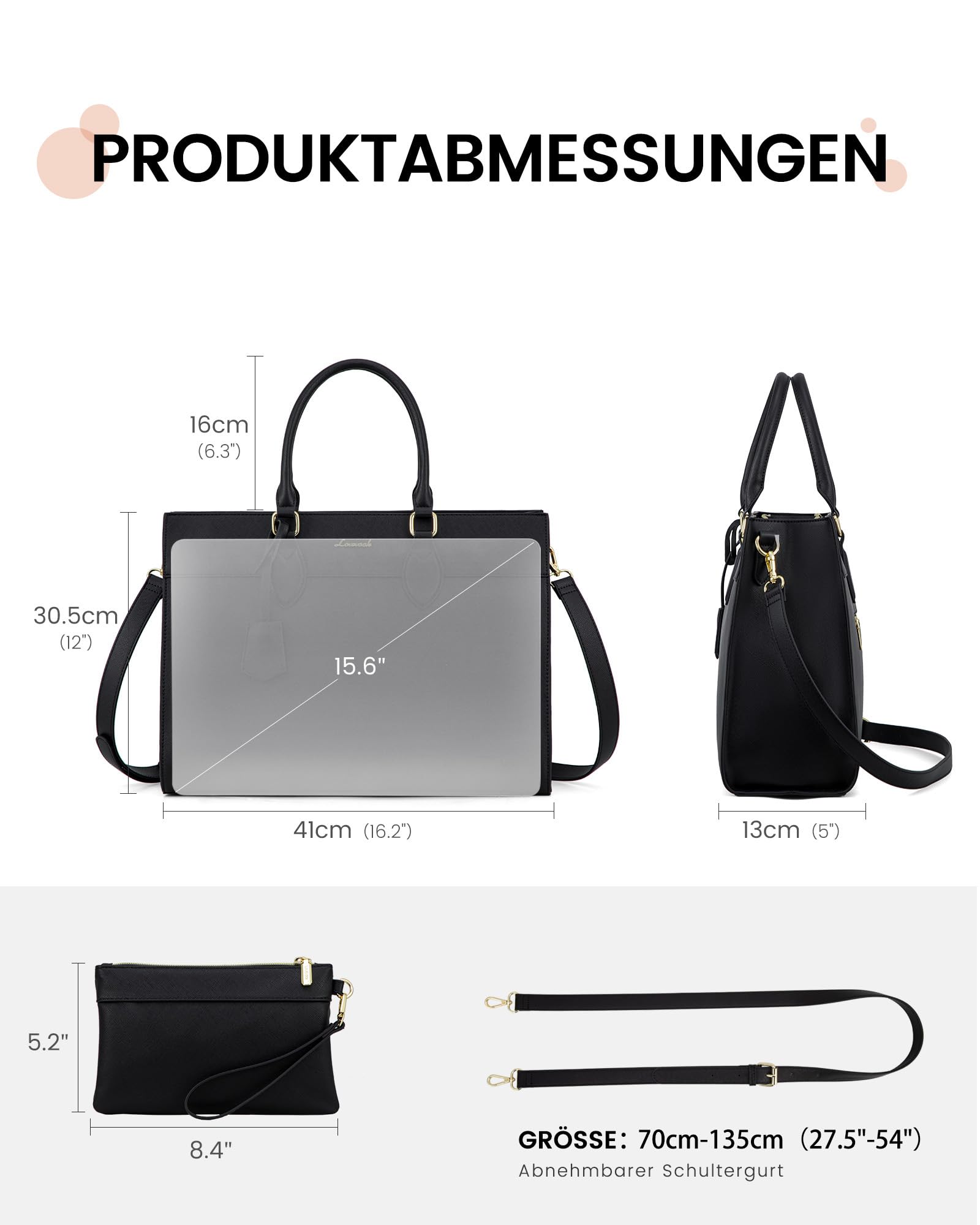 LOVEVOOK Laptoptasche Damen 15,6 Zoll Wasserdicht PU Leder Shopper Tasche Schwarz