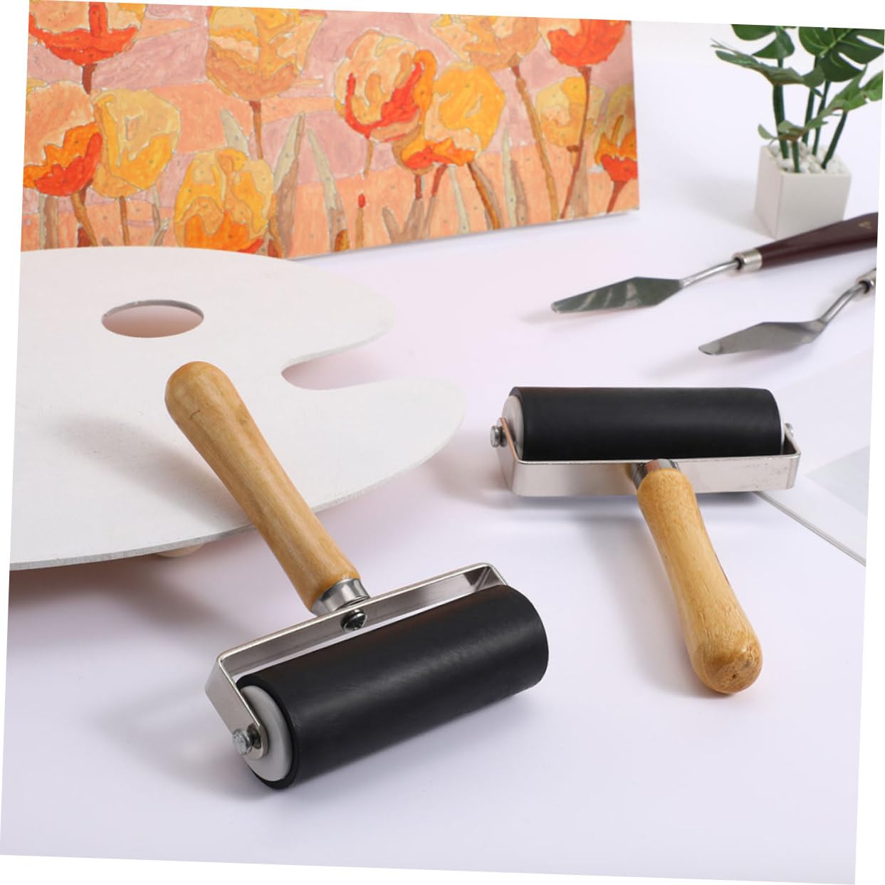 Kunststoff Druckwalzen 10cm 4 Stück mit Holzgriff Komfortabel und Einfach zu Lagern Leichte Malerrolle Schwarz für Bastelarbeiten und Druckgrafik