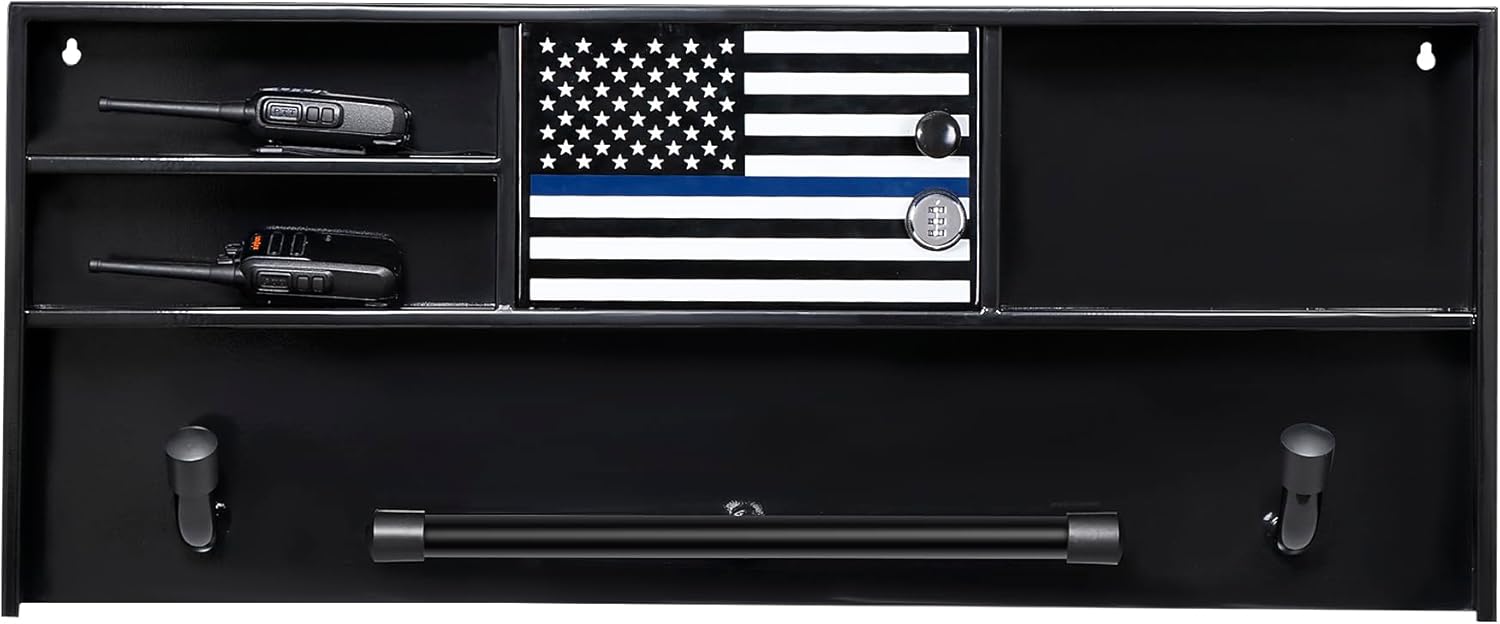 Police Gear Stand, Police Hanger, Tactical Duty Gear Rack with 3 Hooks, Free-Standing All Iron Frame Police Gift Decor with Flag, Black, Come Home Safe