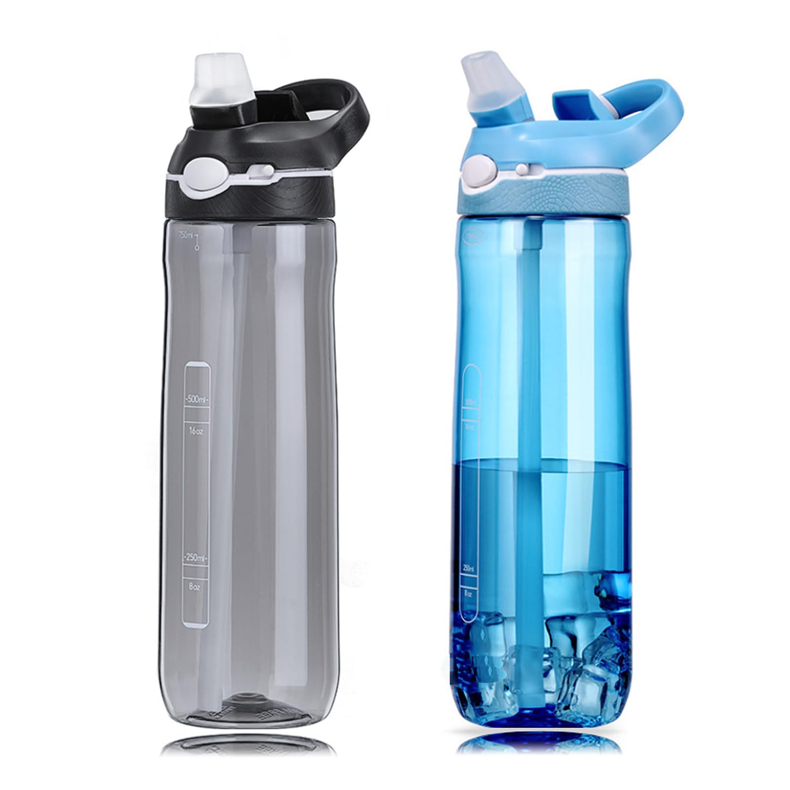 DEARART pack de 2 bouteilles d'eau de paille de 750ml sans Bisphénol a flip - up transparent avec poignée pour une portabilité facile pour la maison/bureau/voyage/école, Bleu clair & noir