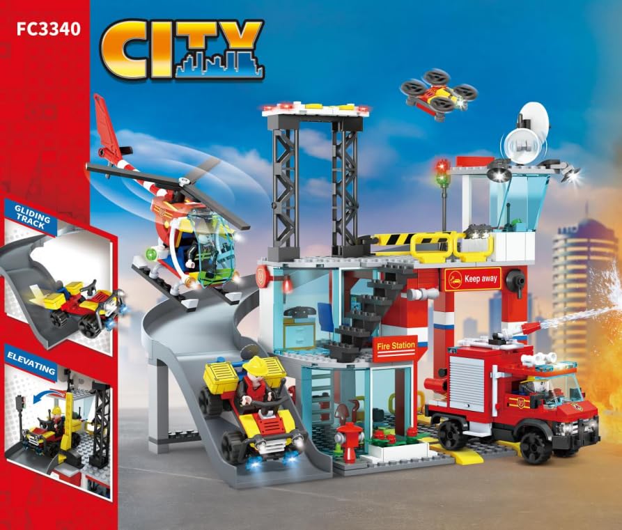 Image of SKY LINE OCEAN Fire Station Slider Building Block Set, 651+ PCS City Fire Rescue Playset with Action Slider Feature, Fire Truck & Accessories, STEM Construction Toy | 5 Year Structural Warranty