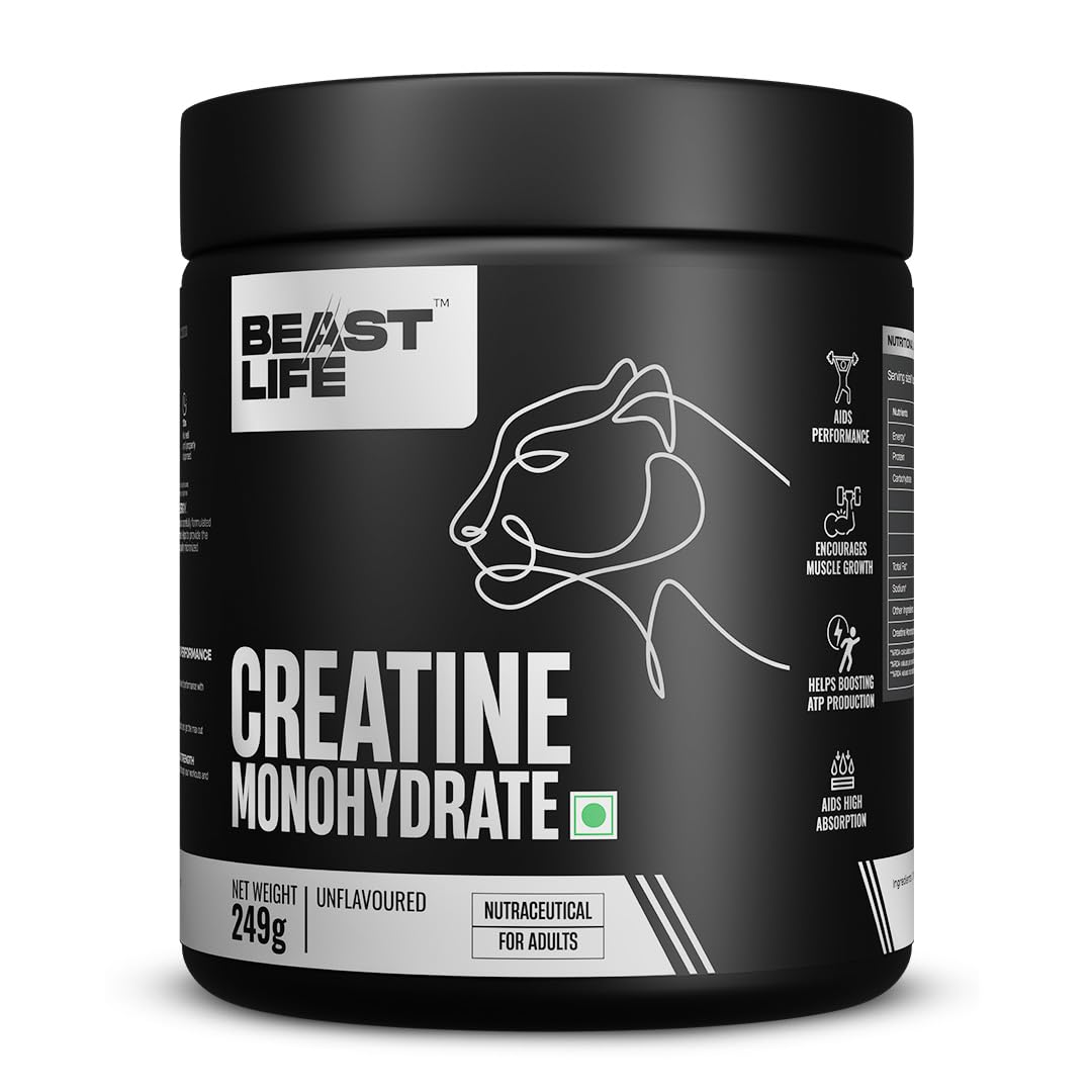 BEASTLIFE Super Micronized Creatine Monohydrate 249g | 83 Servings Unflavoured Powder| NABL Lab Tested | Premium Sports Nutrition for Strength & Performance
