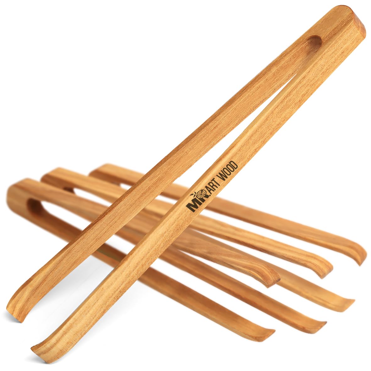 Mini Wooden Appetizer Tongs (Pack of 4), 6" Generous Length, Lightweight, Easy Grip, 100% Natural One-Piece Ash Wood