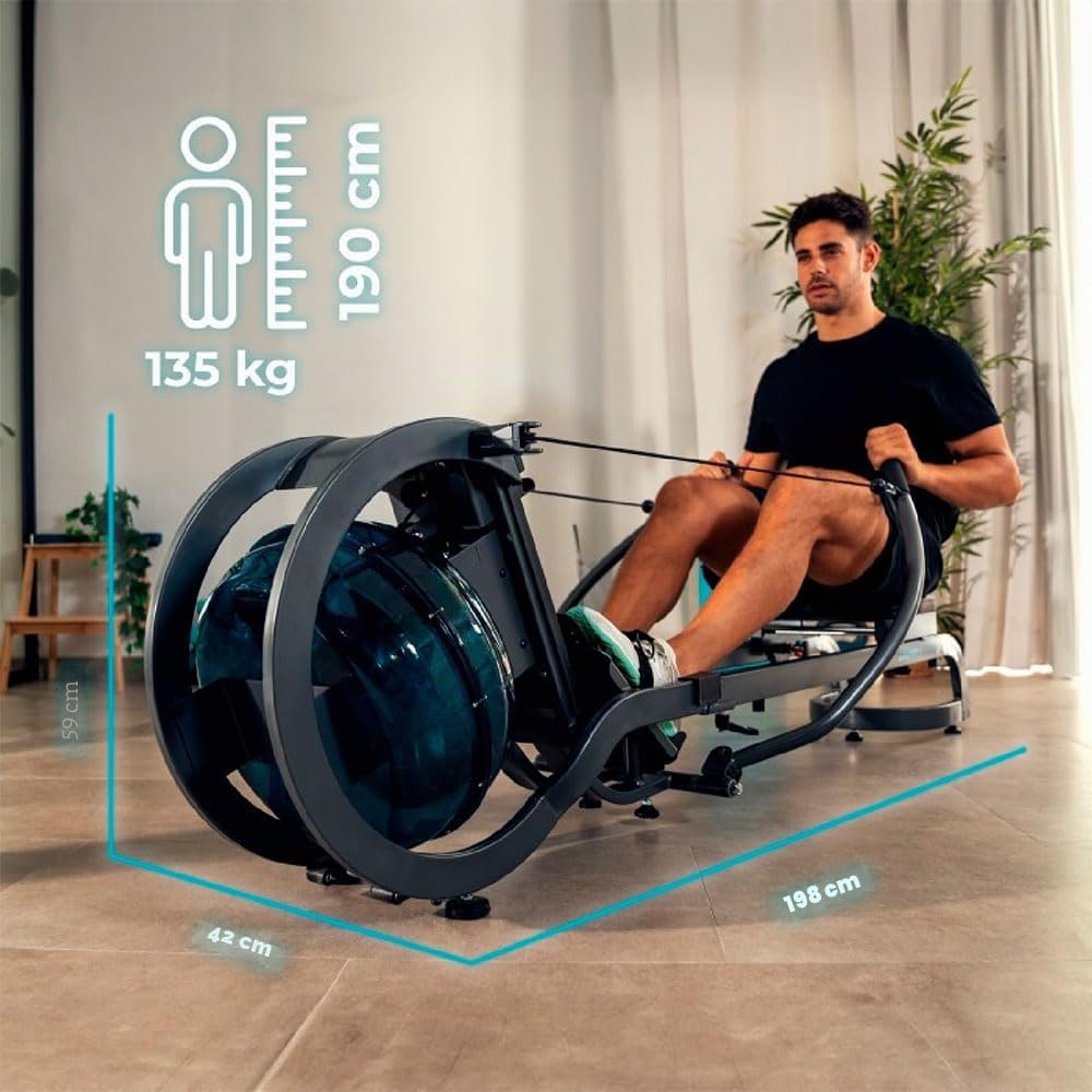 Cecotec Remos de agua Drumfit Rower Neptuno Remo de resistencia de agua con tanque de 11 y 13 litros. Sillín ajustable horizontalmente. APP, Pantalla LCD. Soporte para dispositivos.