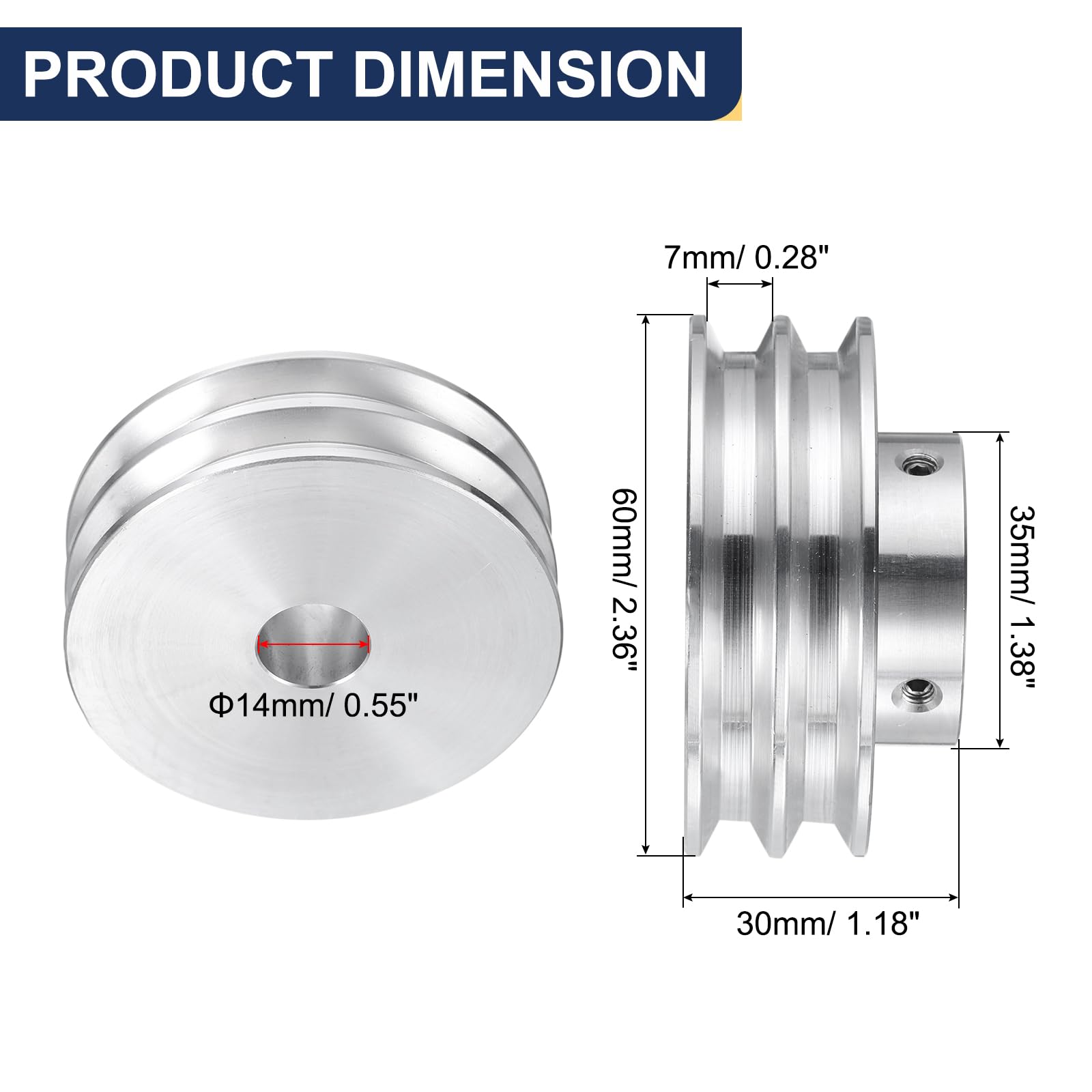 QUARKZMAN Puleggia a V Foro 14mm Diametro Esterno 60mm Doppia Scanalatura in Lega di Alluminio per Macchina da Trapano per Albero Motore 6mm(1/4") Cintura Sagomata in PU