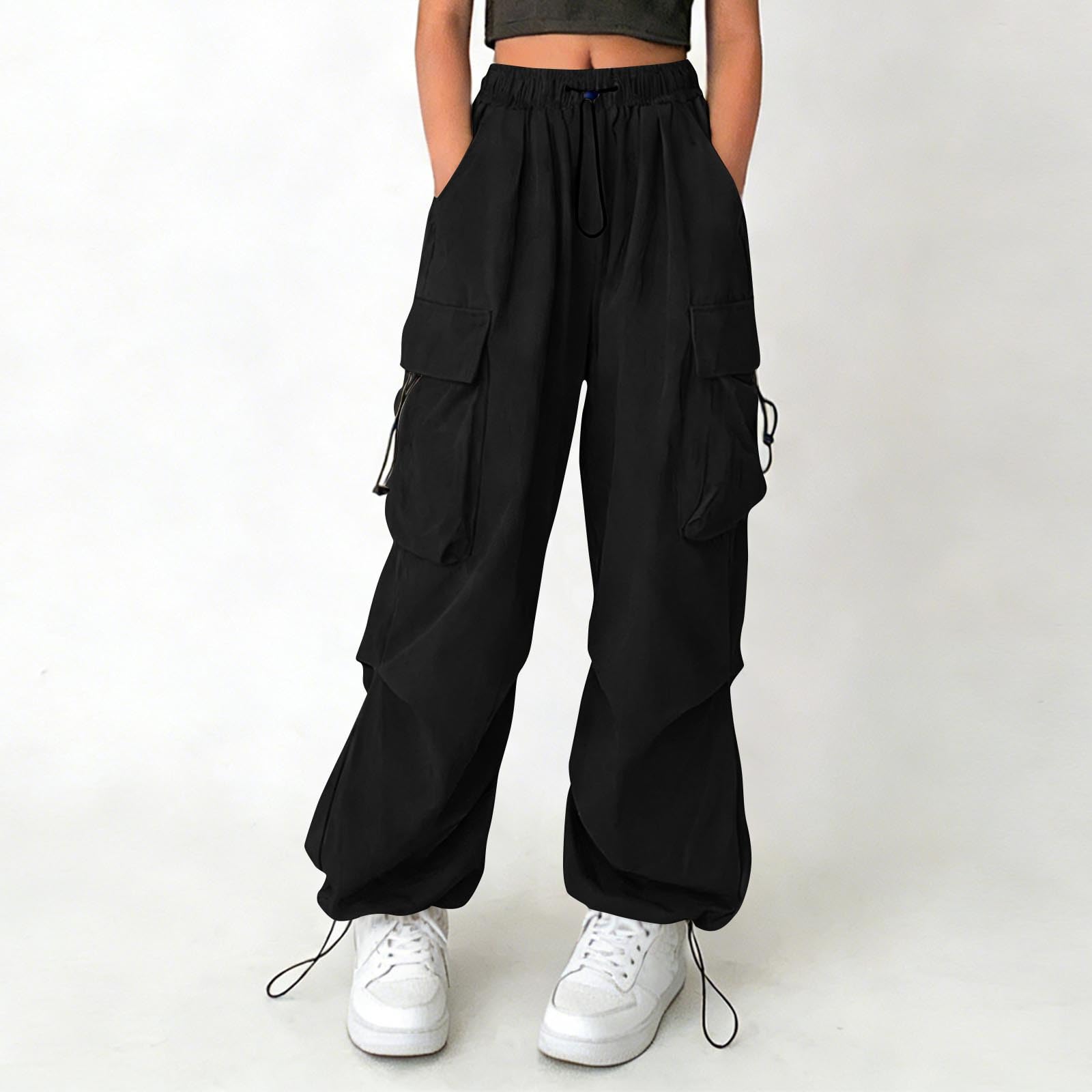 Girls Parachute Cargo Pants High Waisted Baggy Casual Y2K Trouser Kids Wide Leg Hip Hop Streetwear with Multi Pocket - 2