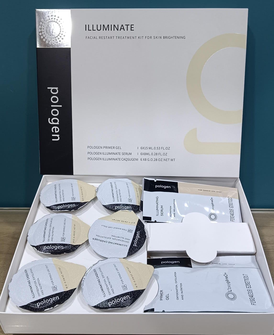 New OxyGeneo Oxygen Facial CO2 Therapy Machine, Geneo Type Pods, Home Facial, 6 Pods, 6 Primer Gel, 6 Serum After Treatment (NEW FORMULA less foam) (Illuminate)