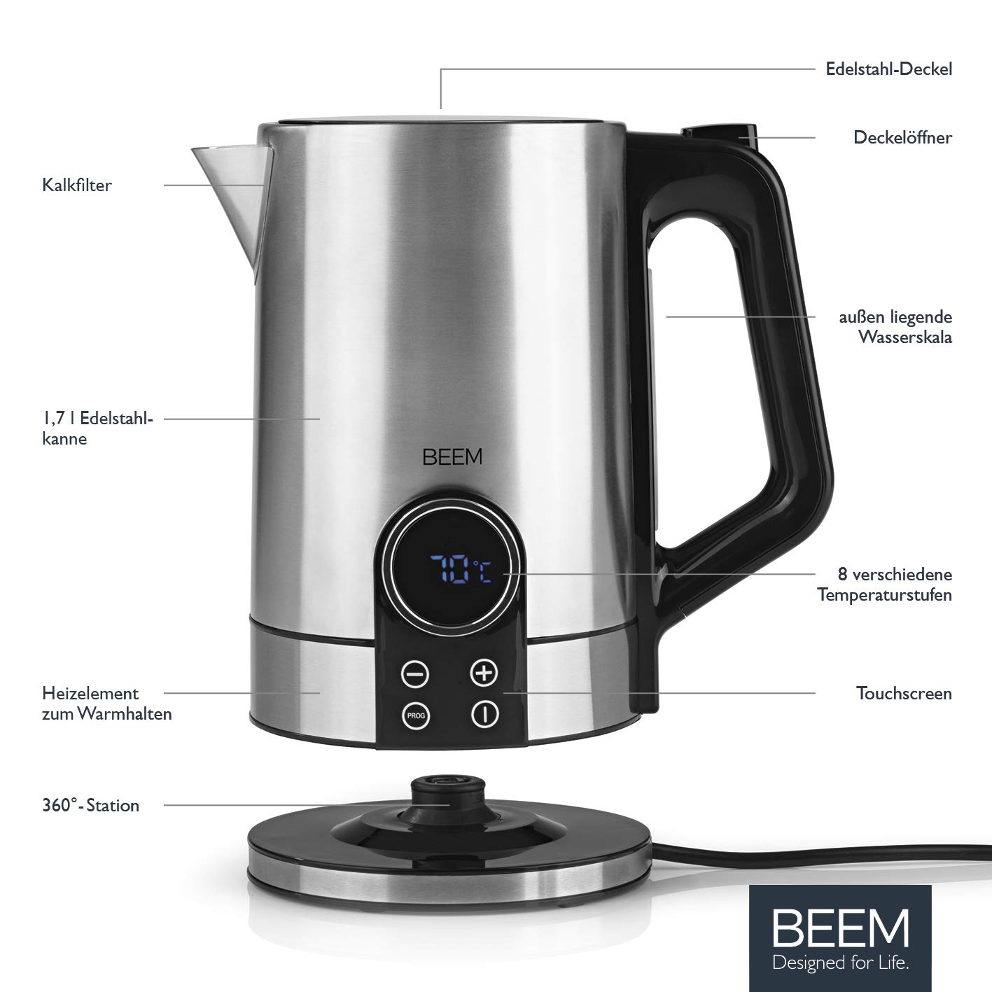 BEEM Tea-SWITCH czajnik elektryczny z regulacją temperatury i pojemnością 1,7 l | wybór temperatury 40-100°C i wskaźnik temperatury | przygotowywanie posiłków dla niemowląt i herbaty | funkcja