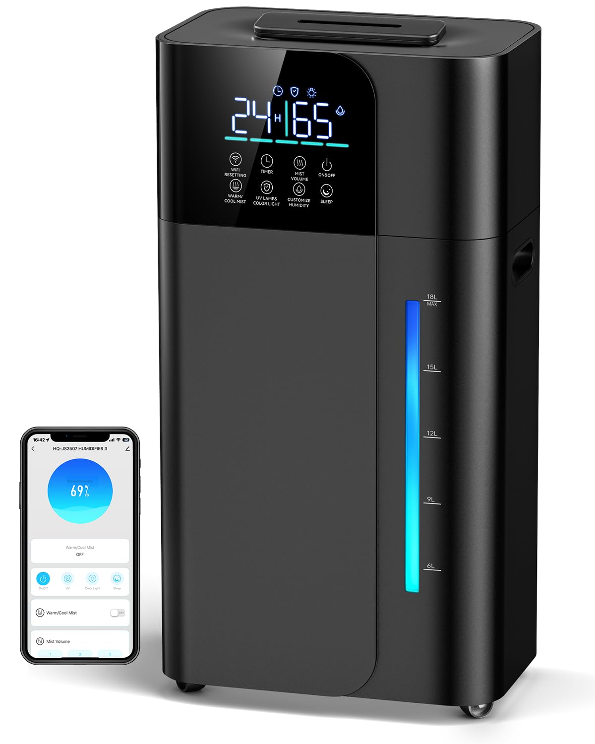 18L/4.7Gal Smart Humidifier Large Room, Warm & Cool Mist Humidifiers, Up to 2500 sq ft Whole House Coverage, 800mL/h Output, 24H Timer, Top Fill, 70H