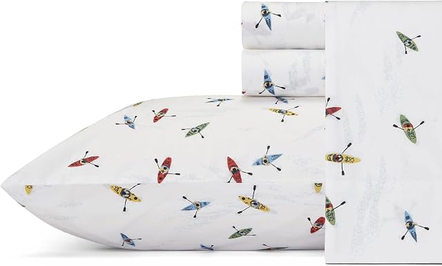 Eddie Bauer - Twin Sheet Set, Cotton Percale Bedding Set, Crisp & Cool Home Decor, Dorm Room Essentials (Kayaks White, Twin)