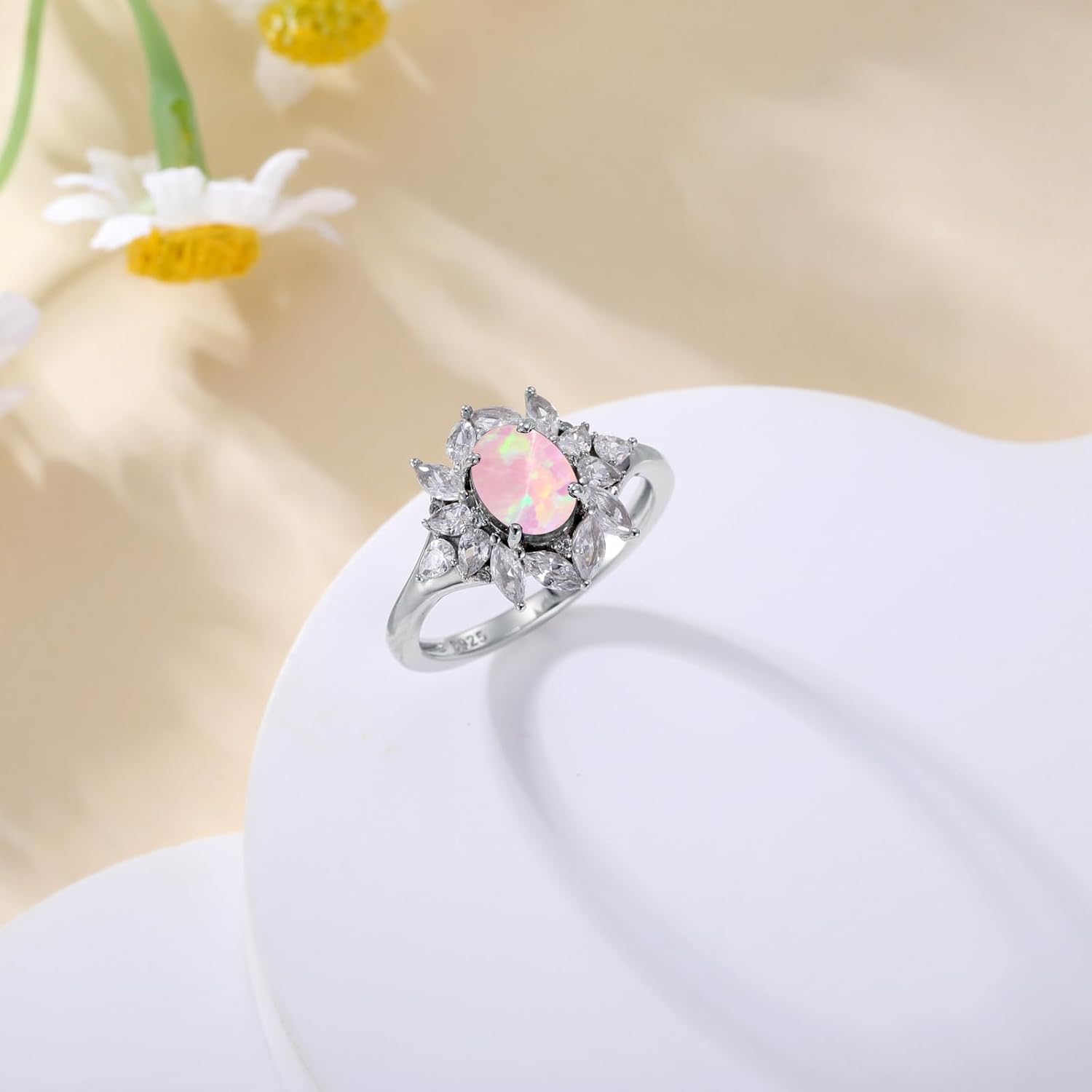 Sterling Silver 9 Colors Black Purple Opal Ring Opal Engagement Rings for Women Opal Promise Ring Opal Gemstone Oval Sunburst Halo Ring for Women Birthstone Anniversary Ring Size 5 to 9-1