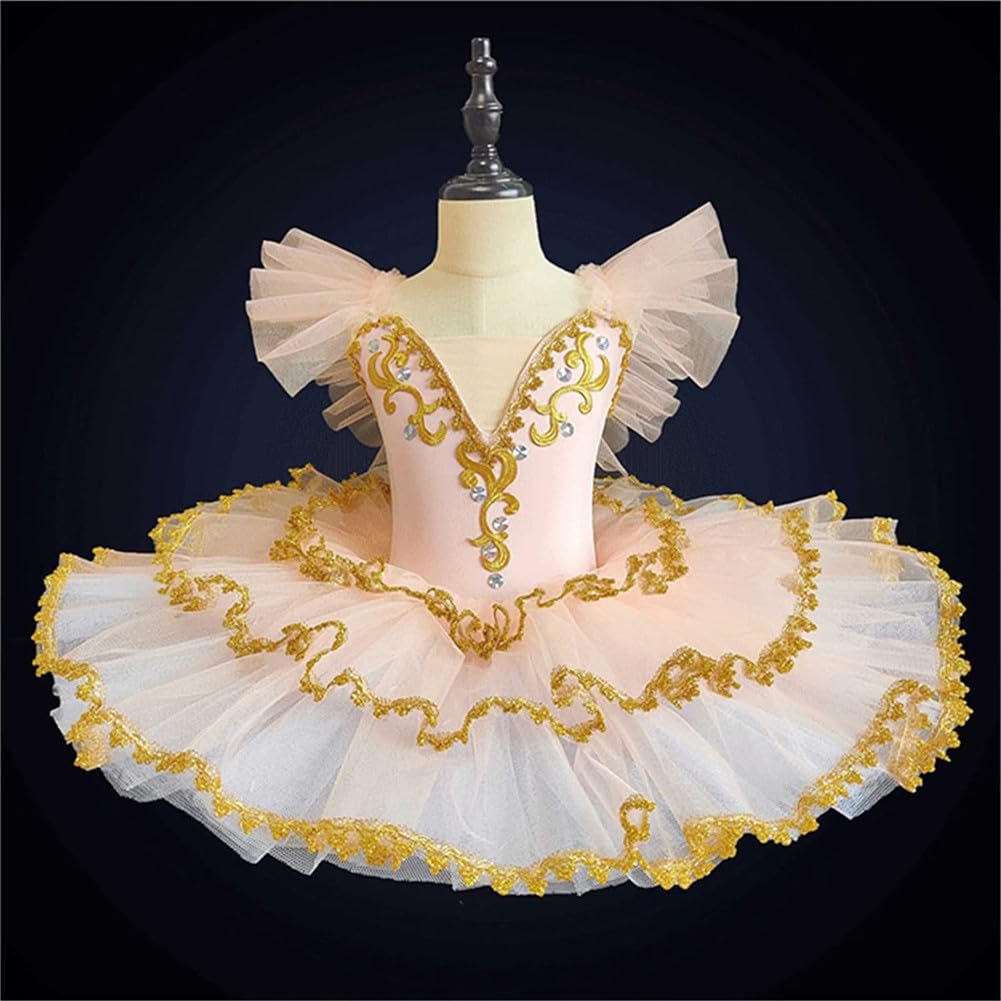 Bambini Ragazze Strass Decorazione Cigno Body Ballet Danza Tutu Vestito Maniche Arruffate Ricamo Tulle Gonna Pattinaggio Ginnastica Ballerina Dancewear