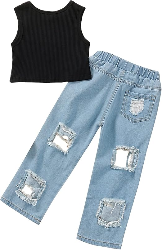 Toddler Baby Girl Ripped Jeans Outfit Ruffle Fly Sleeve Tops Denim Pants 2pcs Summer Clothes Sets Amazon Co Uk Clothing