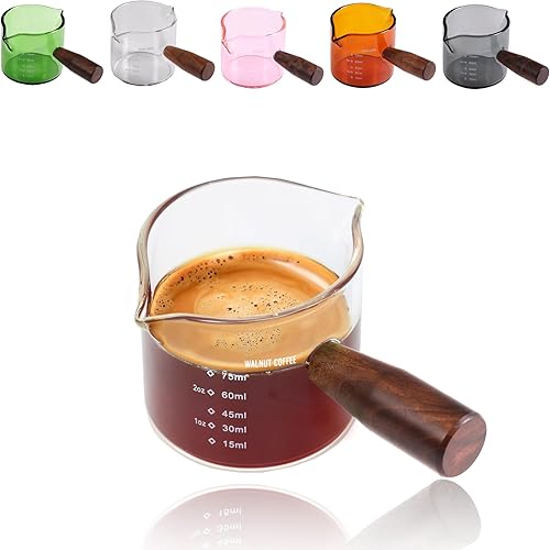 WALNUT COFFEE Vaso de chupito de espresso hecho a mano de 3 onzas con boquilla doble con mango de nogal americano, taza de leche de medición triple