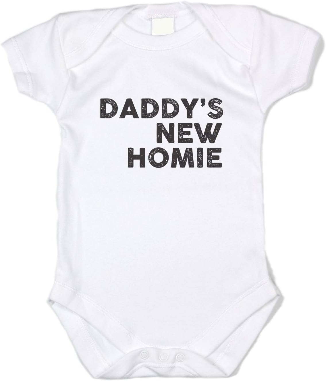 Graphic Fit Funny Baby Clothes - Daddy's New Homie - Black Text, White Bodysuit