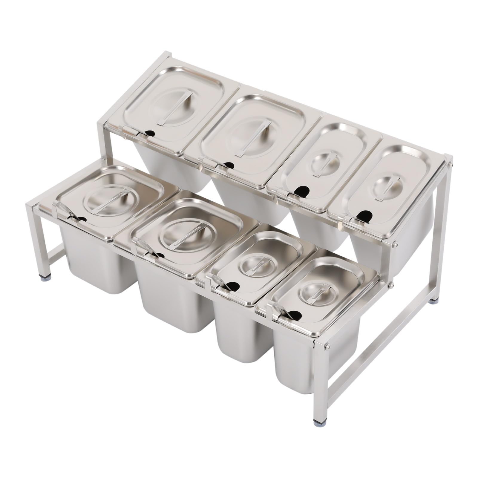 Futchoy Estantería para especias de acero inoxidable, extensible, 35-60 cm, 8 recipientes de 2 niveles, acero inoxidable 201 y 304, extensible 35-60 cm, 8 recipientes 1/6 y 1/9, capacidad de carga de