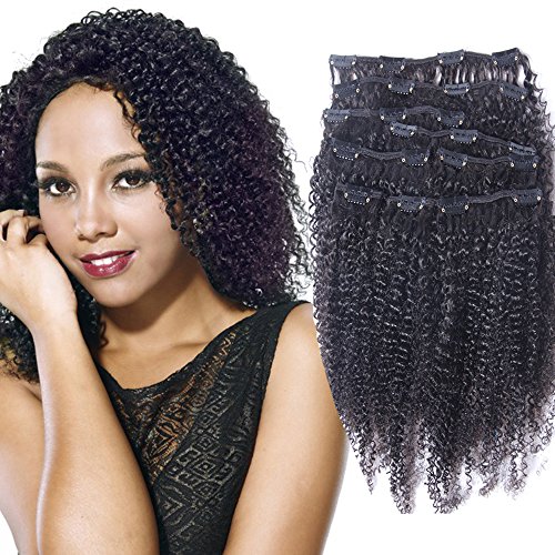 addcolo Afro Kinky Curly Clip On Human Hair Extensions 100% Brazlian Human Hair Clip in Extensions for Black Women Afro Curl Natural Color Hair pieces 100grams/set(16Inches)