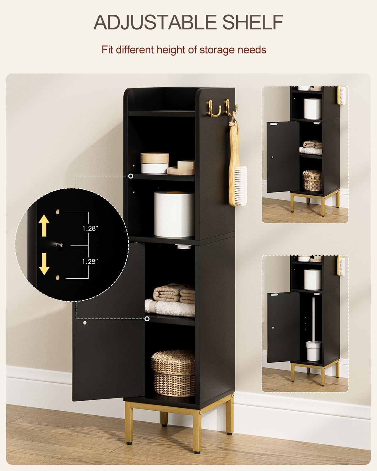 Narrow Bathroom Storage Cabinet, 33.2" H Thin Free Standing Floor Organizer with Door & Shelves, Black Slim Toilet Paper Holder Stand, Cabinet Organizer for Tight Small Spaces - Image 6