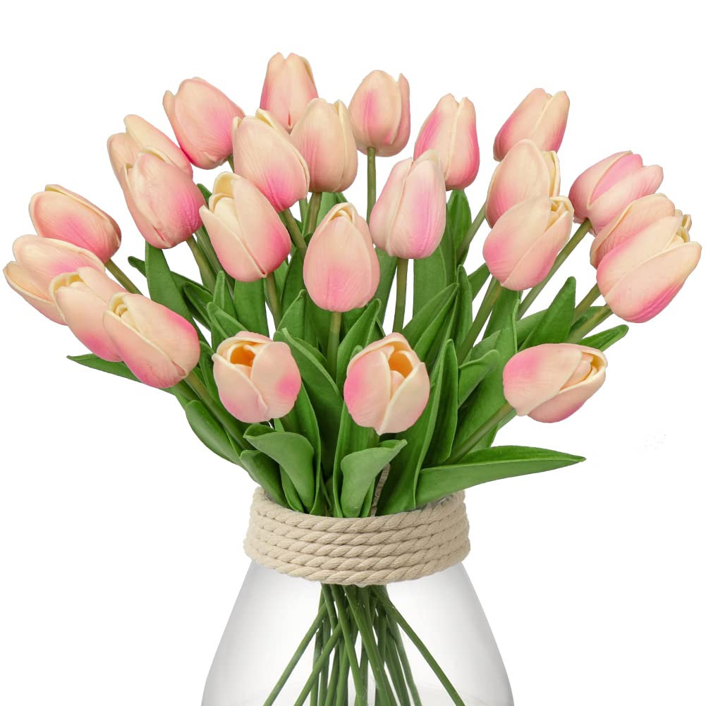 Hollyone 24PCS Tulips Artificial Flowers, Pink Faux Tulips that look Real