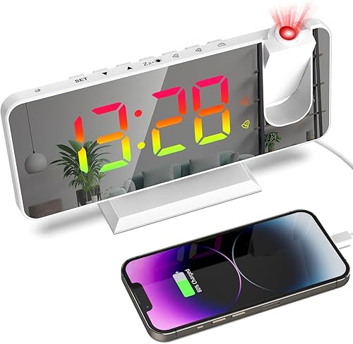 Petilleur Reloj despertador de proyección, reloj proyector de 180 en techo, pantalla LED digital de color RGB de 7.4 pulgadas, atenuador de brillo
