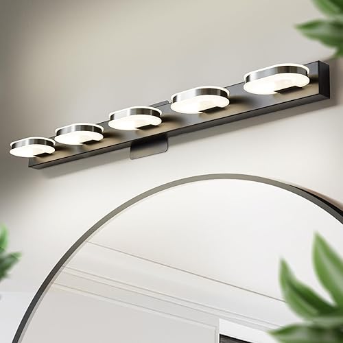 Moderna Lámpara LED de Tocador de 5 Luces para Baño Moderna Lámpara de Tocador Fija en Pared de 33 Pulgadas Luz Blanca Natural (Negro)