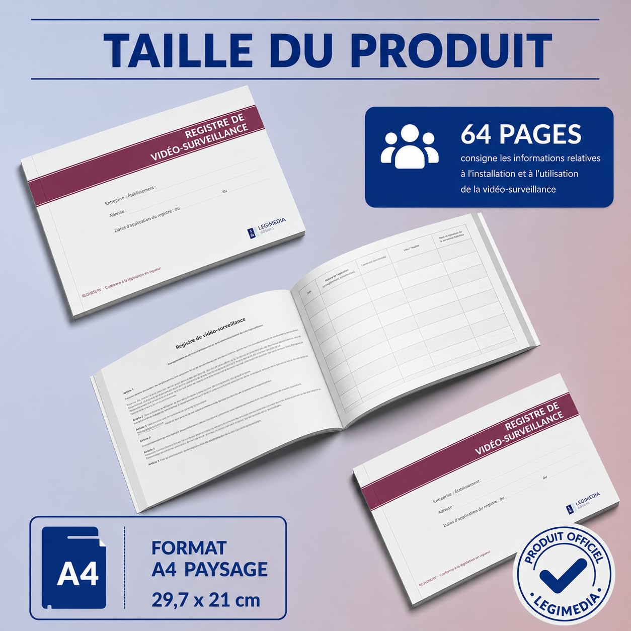 Registre de Vidéo-Surveillance - Obligatoire pour tous les établissements dotés de caméras de vidéo-surveillance - Format A4-64 pages - LEGIMEDIA ÉDITIONS