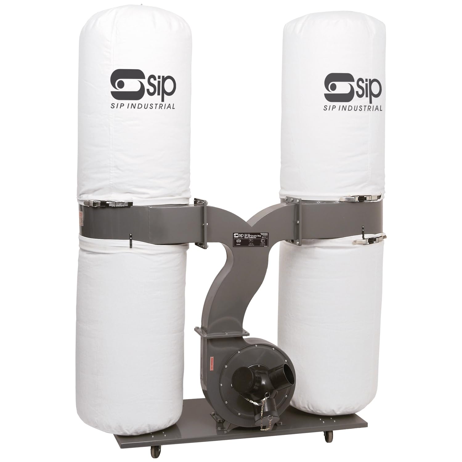SIP Double Bag Dust Extractor Collector for Woodworking Workshop, 230V 2200W 3hp, 306L Capacity, 3900m³/hr Air Flow, 2 x 5 Micron Filtration with Triple Inlet Adapter for 3 Machines with 1 Collector