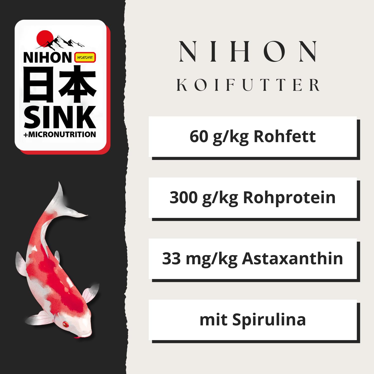 NIHON Hokovit Koifutter Sink – affondando tutto l'anno per Koi & Carpa – con Spirulina e micronutrienti – promuove una crescita sana e il sistema immunitario, pellet da 5,5 – 6 mm – 10 kg