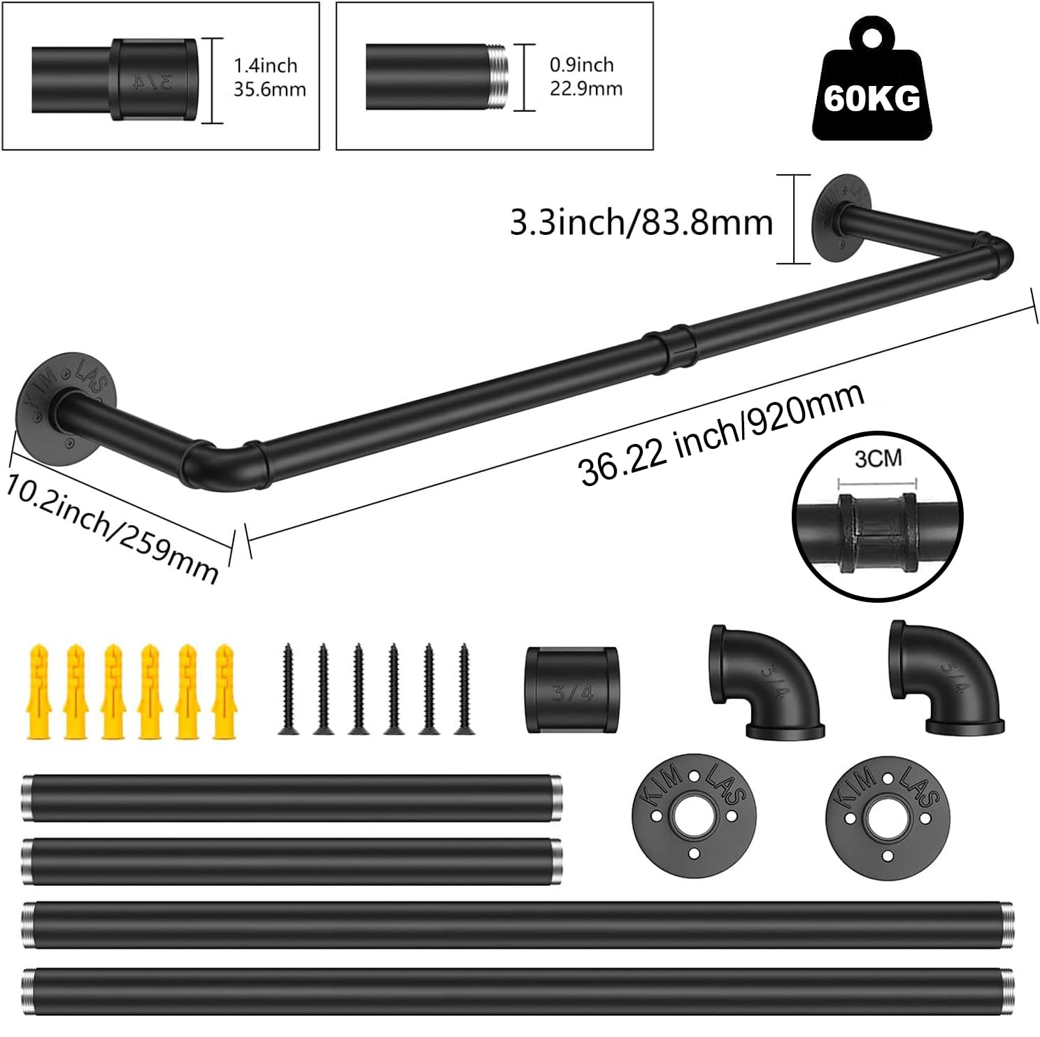 Kleiderstangen für die Wand, Industrielle Kleiderstange Wandmontage, 92 cm Strapazierfähige Kleiderstangen – Garderobenstange Wandmontage aus Metall für Zuhause, Geschäfte und Kleiderschränke