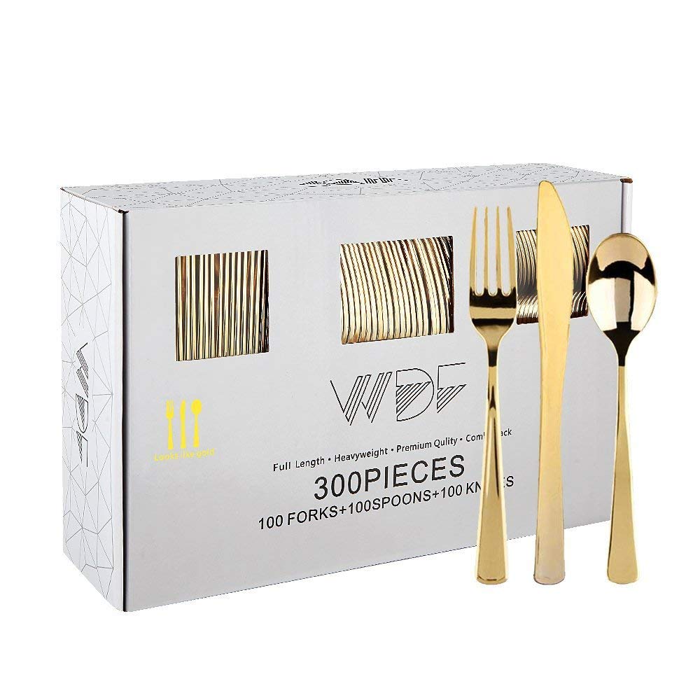 WDF300 Pieces Gold Plastic Silverware - Heavy Duty Disposable Gold Cutlery Set Plastic Gold Silverware Set Plastic Includes 100 Forks, 100 Spoons, 100 Knives for Party