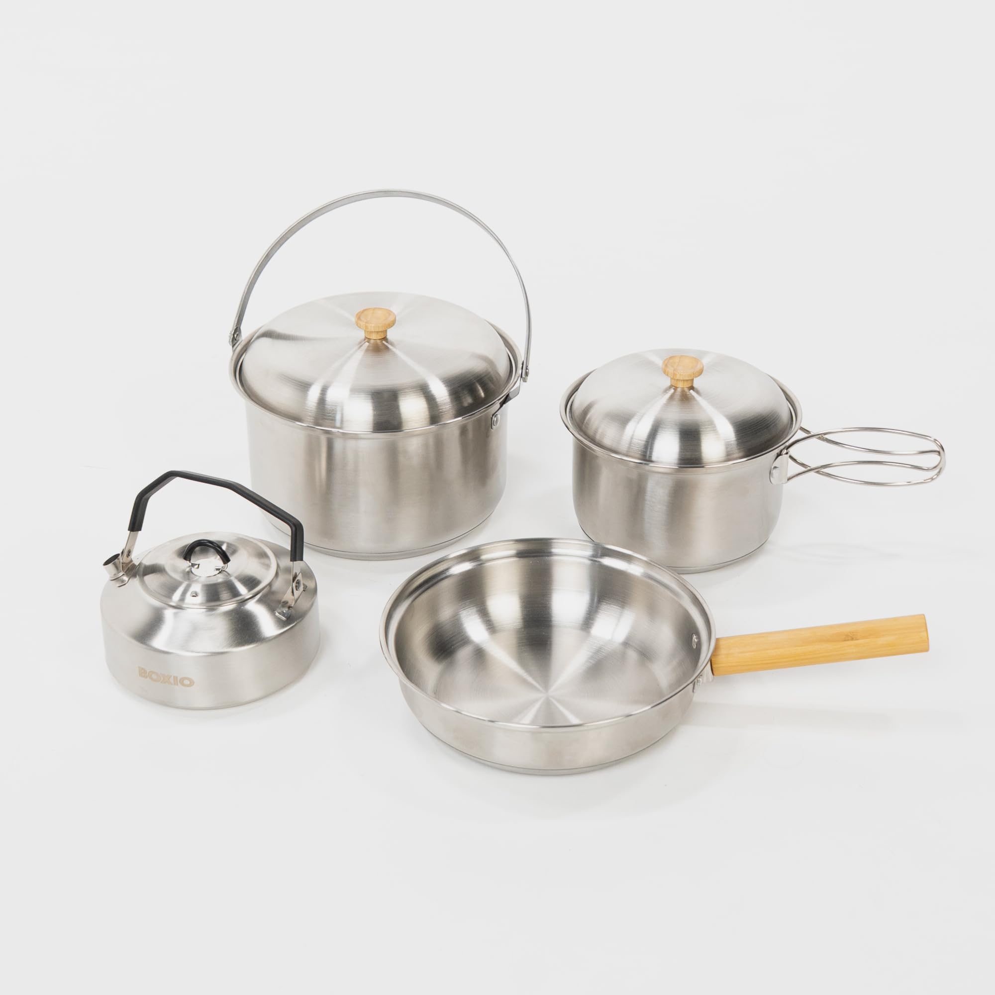BOXIO - Cookware : poêle de camping et casseroles en acier inoxydable Vaisselle de camping avec poêle, bouilloire et casseroles idéales pour la cuisine de camping, le réchaud à gaz ou le réchaud de