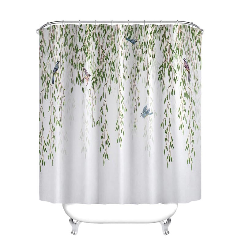 FLCSIed Eucalyptus Leaves Birds Shower Curtain for Bathroom Green Spring Botanical Plant Bathtub Decor Nature Waterproof Polyester Fabric Set including 12 Hooks 72x72 Inch (Green leaves with birds) - Image 3