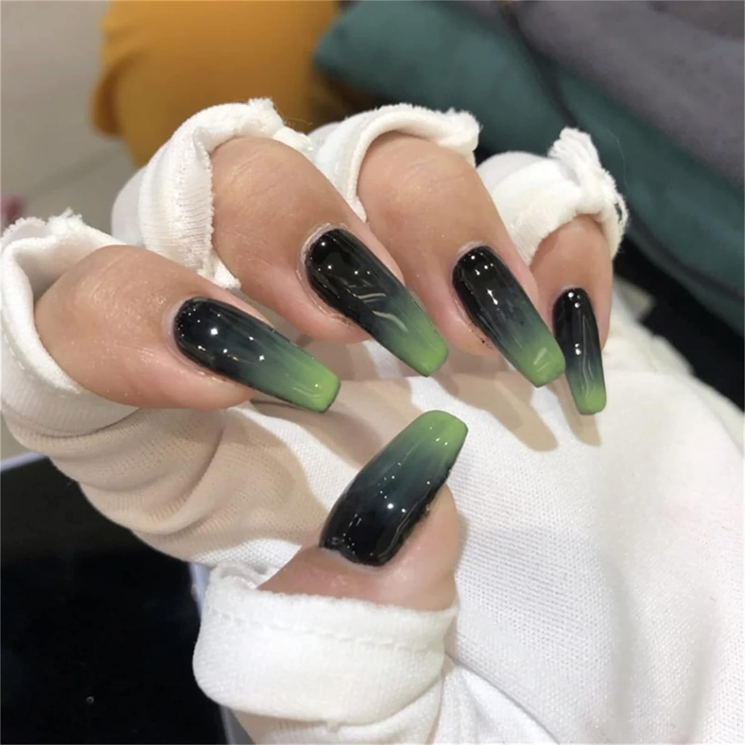 VIKSON INTERNATIONAL 24 Pcs press on Green Black Ombre Gradient | UV Gel finish long abstract || press on fake Artificial Reusable Nail extension set || With Nail Glue sticker sheet & Nails Apply kit || For Girls women.-image-29