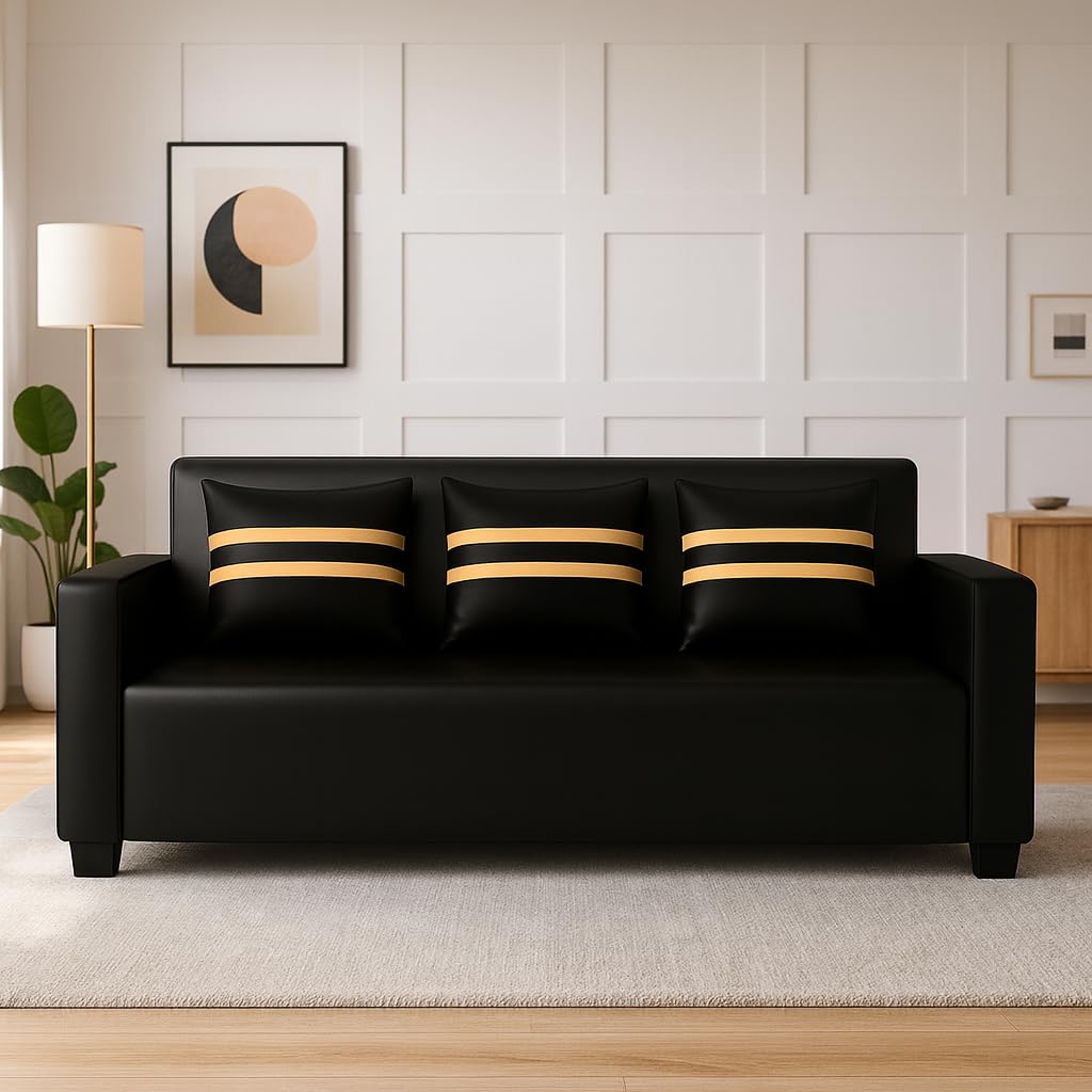 Lexiro 3 Seater Sofa Set | Premium Leatherette Upholstery | Modern Design | Plush Comfort Cushions for Living Room (Golden Stripped Cushion-Black) Lexiro 3 Seater Sofa Set | Premium Leatherette Upholstery | Modern Design | Plush Comfort Cushions for Living Room (Golden Stripped Cushion-Black)