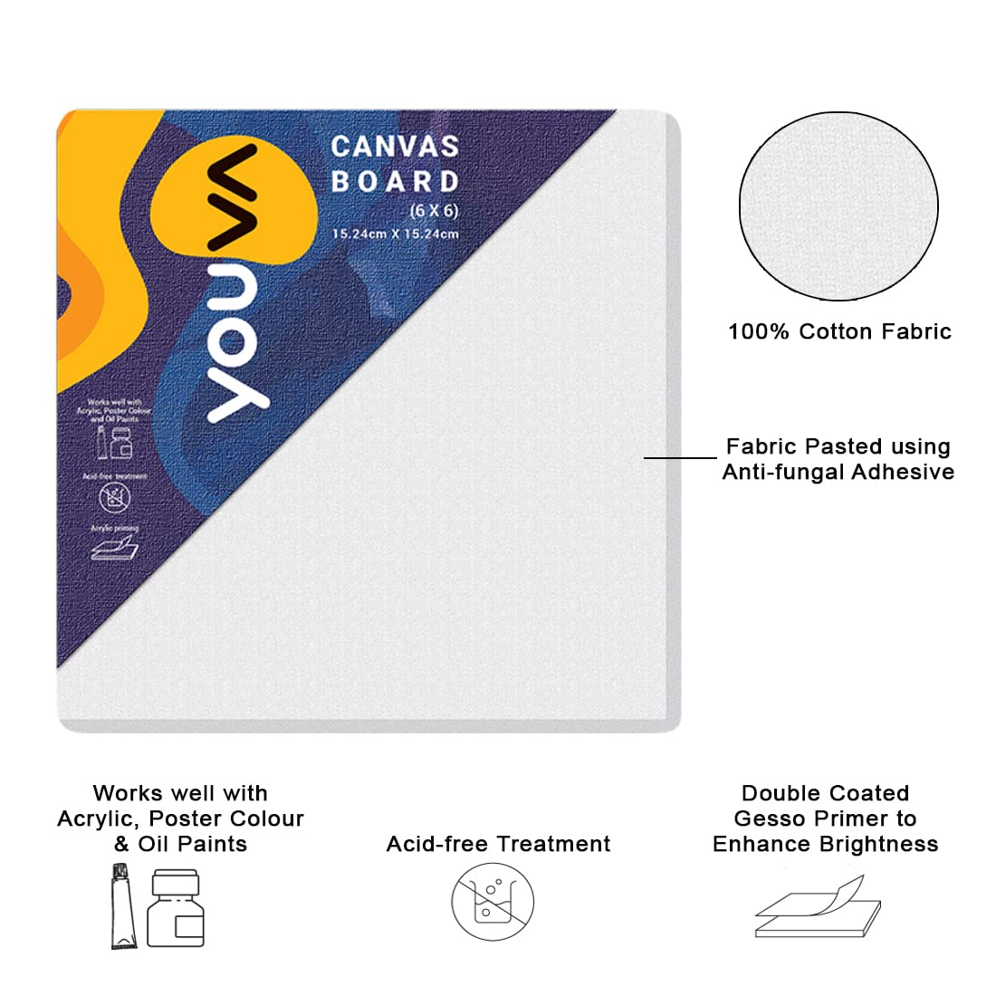Navneet Youva |Cotton White Blank Canvas Boards for Painting, Acrylic Paint, Oil Paint Dry & Wet Art Media |6" x 6" |Pack of 4 (23883) 3
