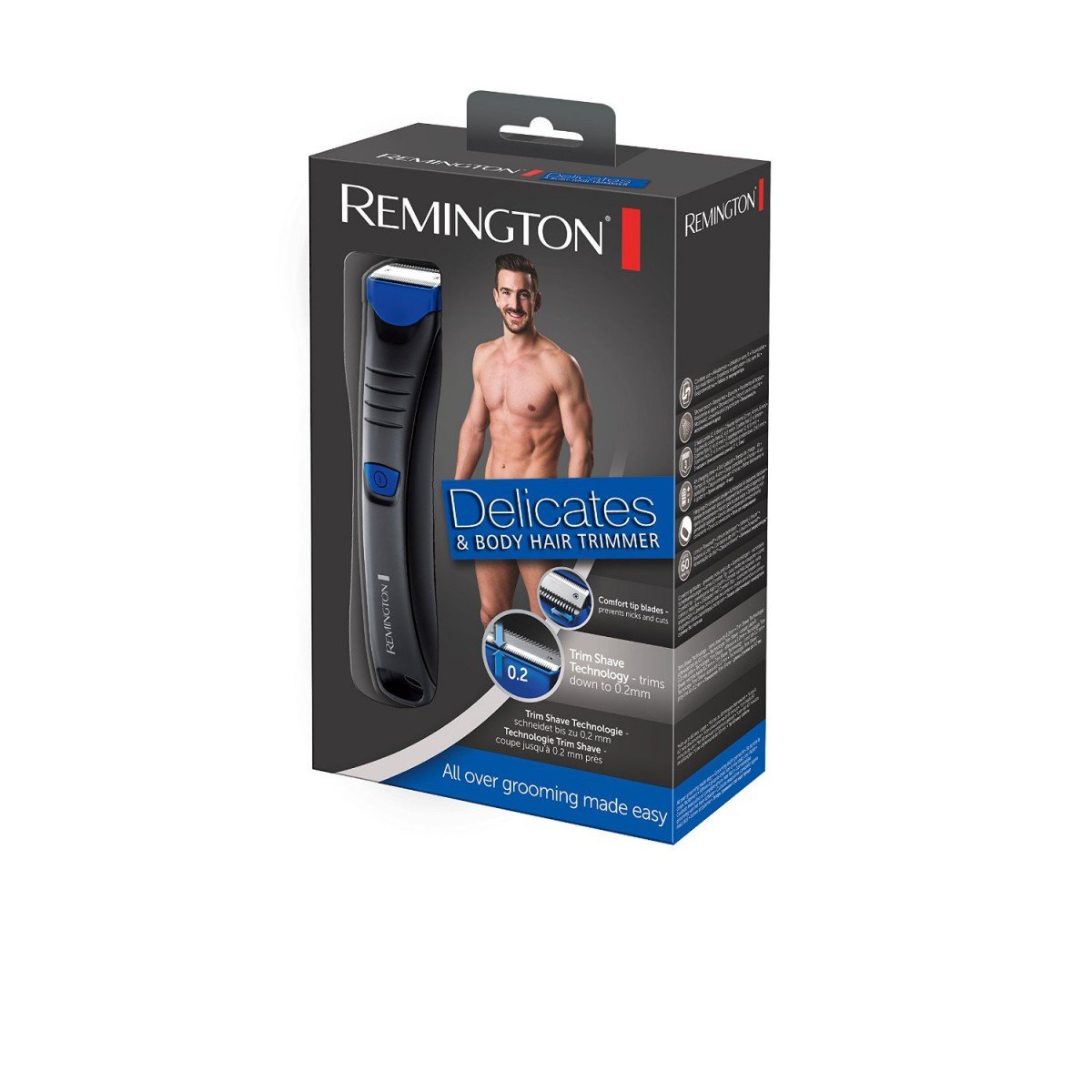 Remington Haartrimmer Intimbereich & Körper [hautfreundlich & sicher bis 0,2mm ohne Hautirritationen] 2 Klingen, 100% wasserfest inkl 3 Aufsteckkämme (2,4,6mm) Haarschneidemaschine, Rasierer, BHT250, Schwarz