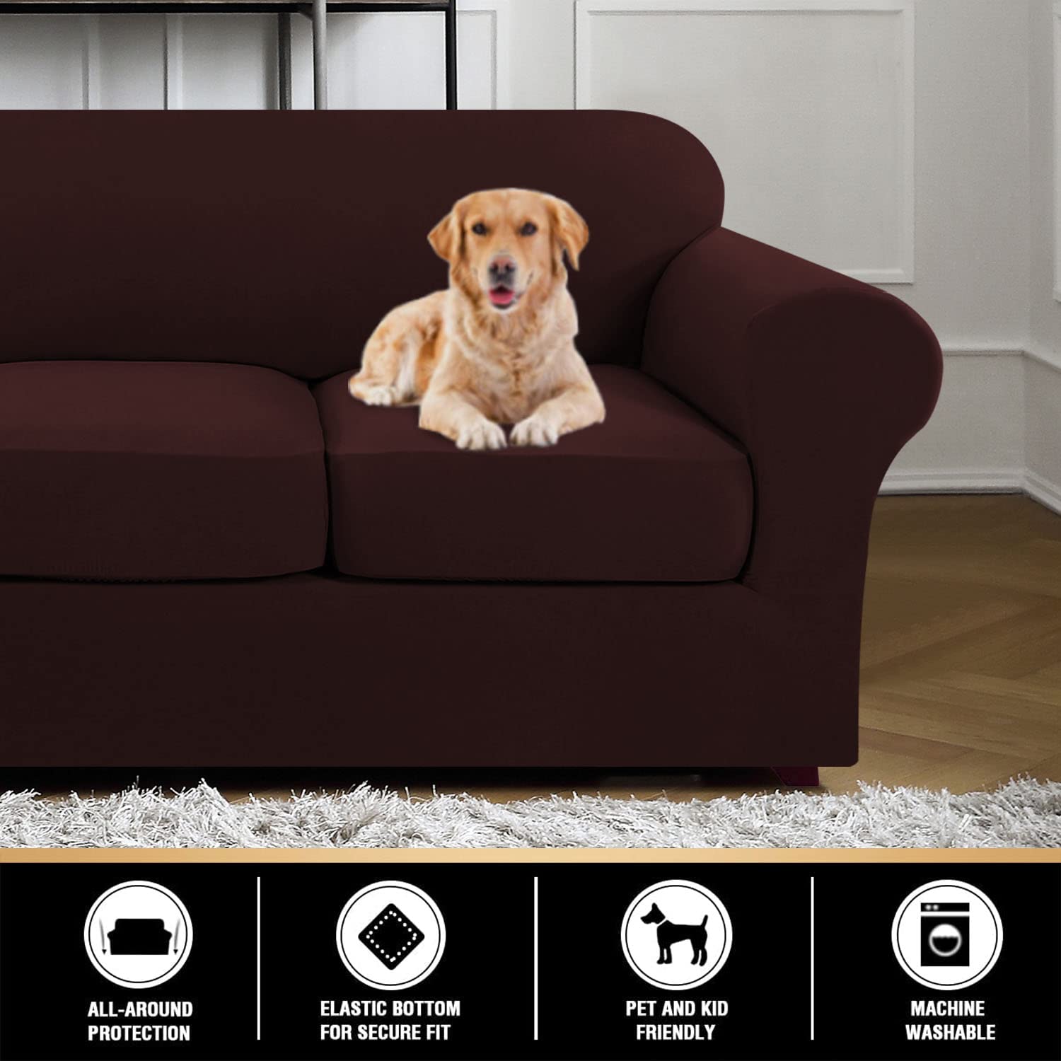 PrinceDeco 4 Pieces Stretch Soft Couch Cover for Dogs - Washable Sofa Slipcover for 3 Separate Cushion Couch - Elastic Furniture Protector for Pets, Kids(Sofa, Chocolate, Large